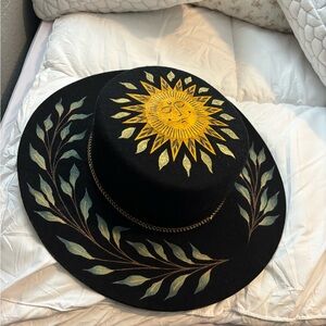 Sun Embroidered Black Wide Brim Hat